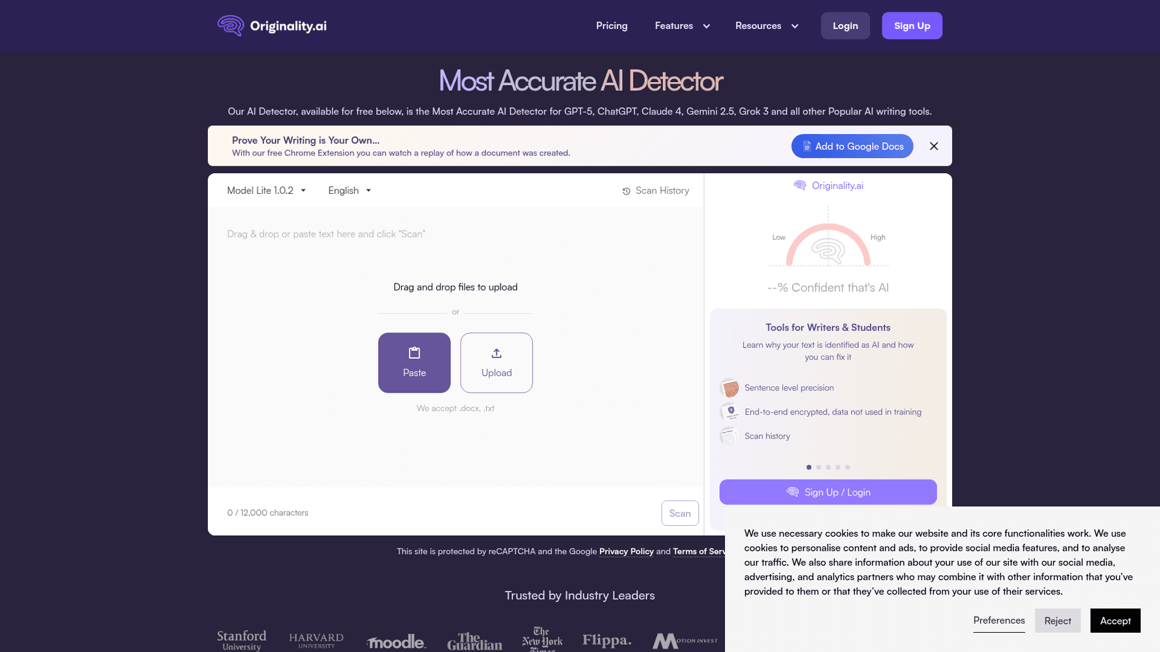 A screenshot of the Originality.ai landing page, a comprehensive software to detect AI writing and plagiarism for publishers.