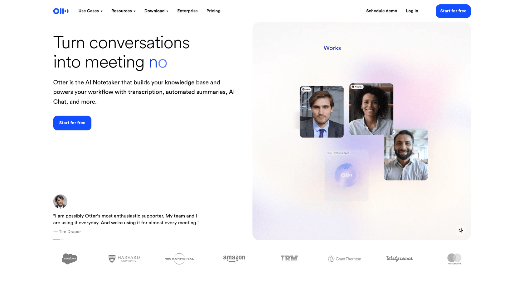 Otter.ai landing page showing real-time transcription features.