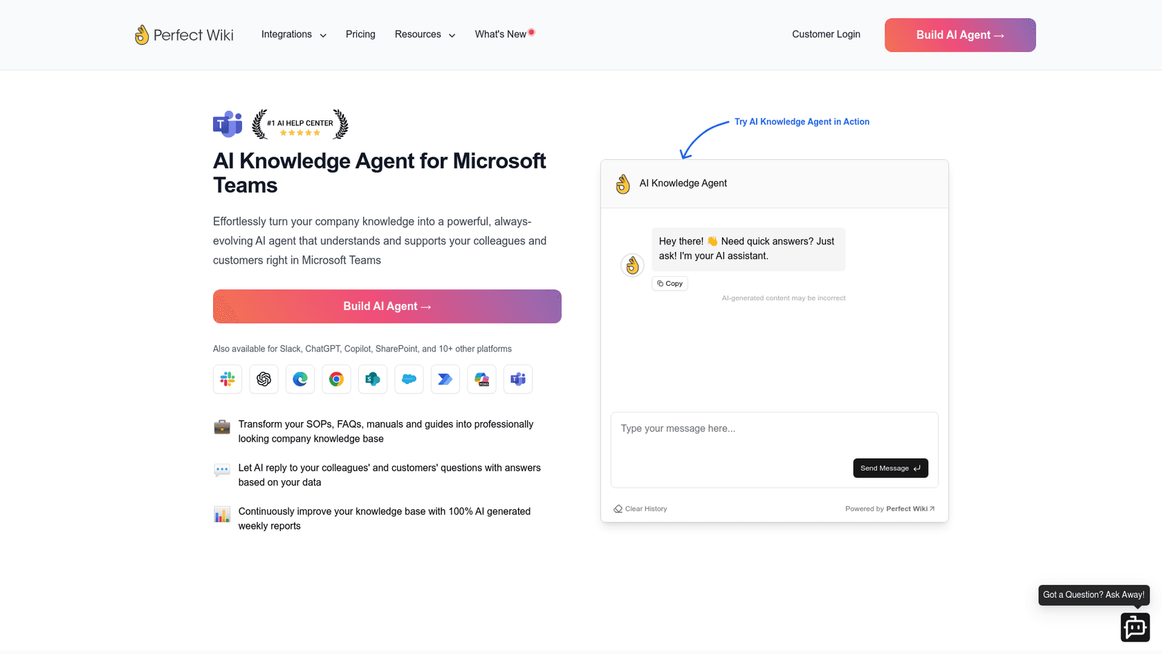 AIナレッジベース機能を showcaseするPerfect Wikiのランディングページ
