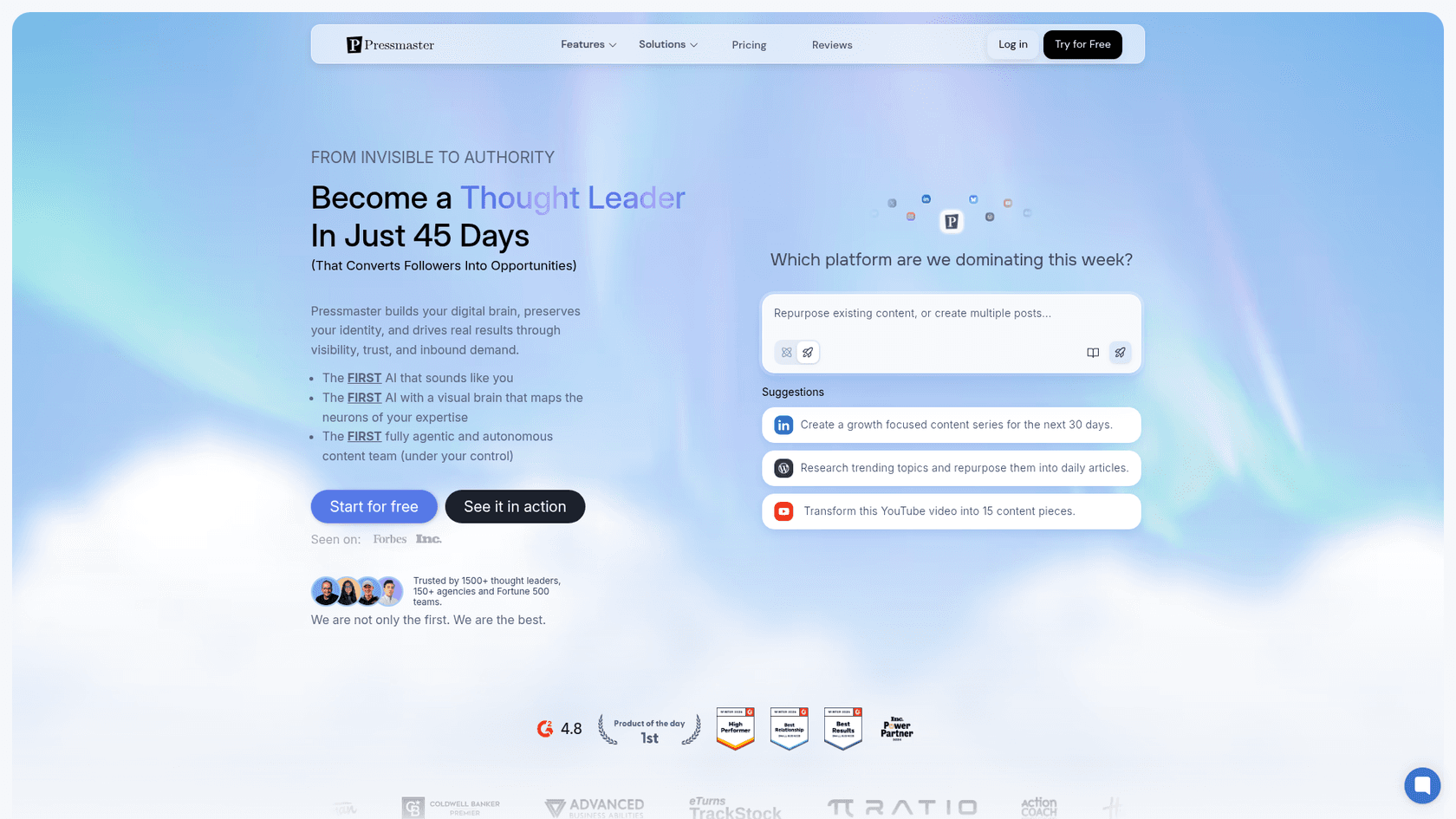 A screenshot of the Pressmaster.ai homepage, a tool for agencies seeking AI blog writer white label solutions for thought leadership.