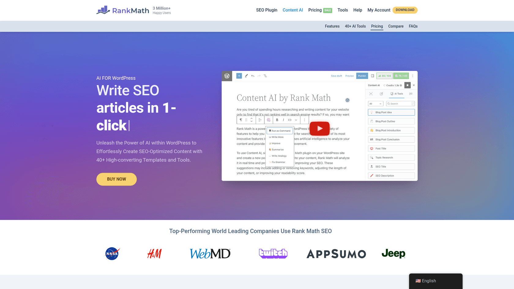 The homepage for the Rank Math SEO plugin, showing its main features and explaining Rank Math AI pricing.
