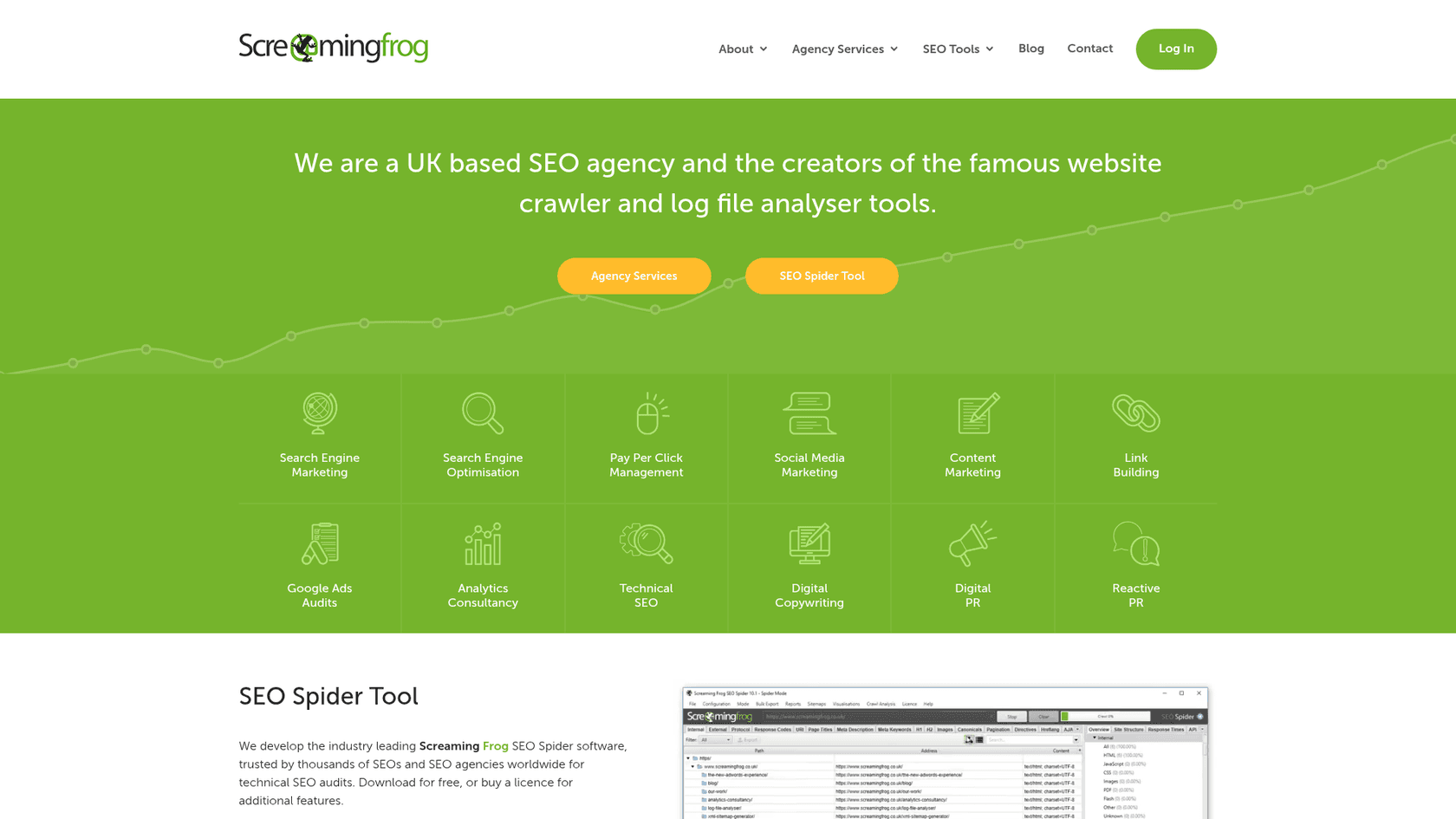 A screenshot of the Screaming Frog homepage, a desktop crawler that is one of the essential technical SEO automation tools.