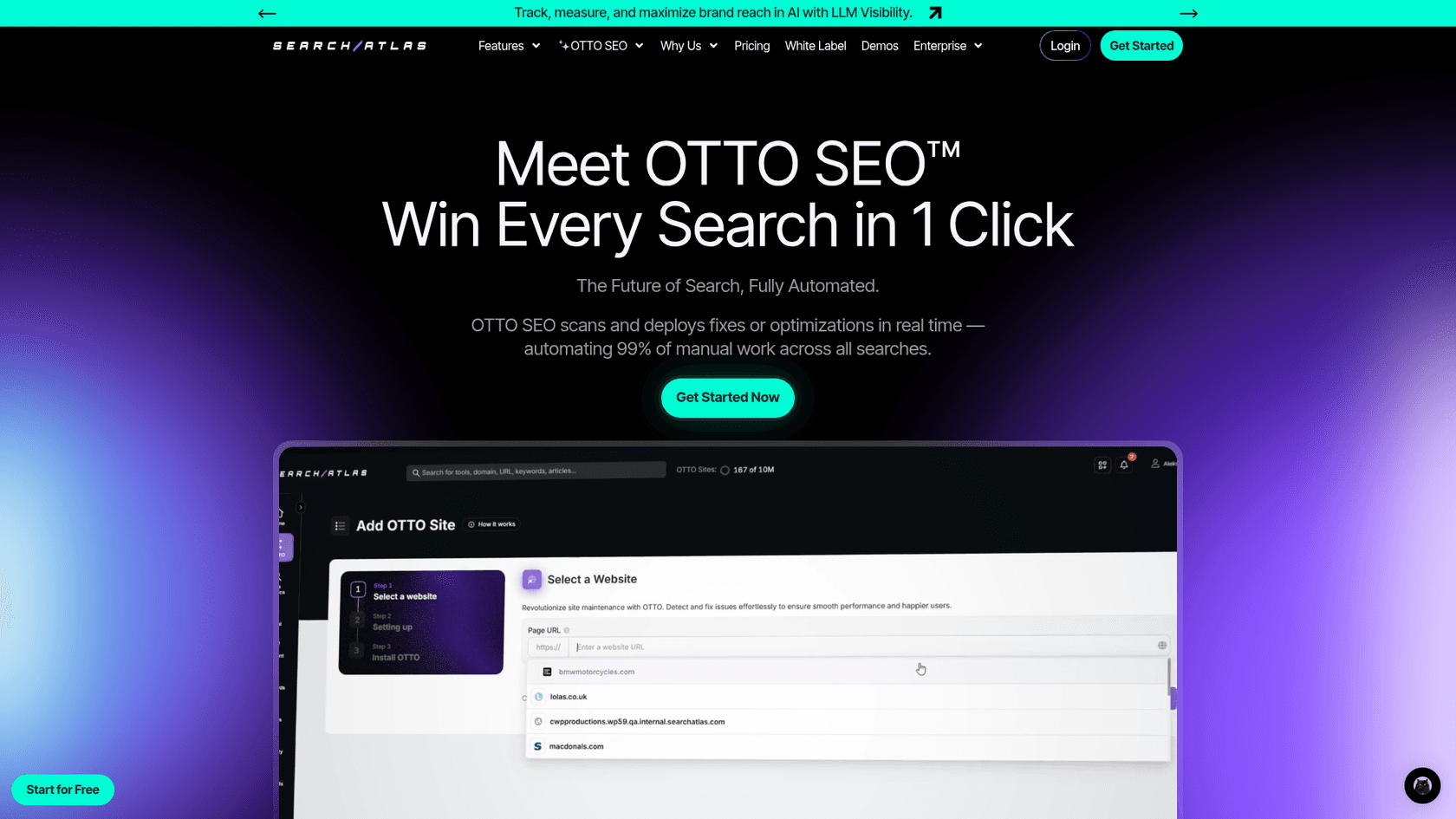 A screenshot of the Search Atlas homepage, an example of SEO automation software.