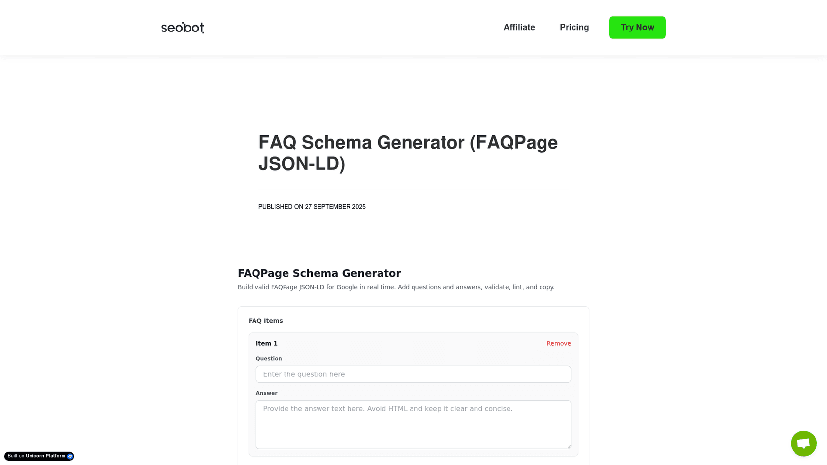 A screenshot of the SEObot AI's free faq schema generator.