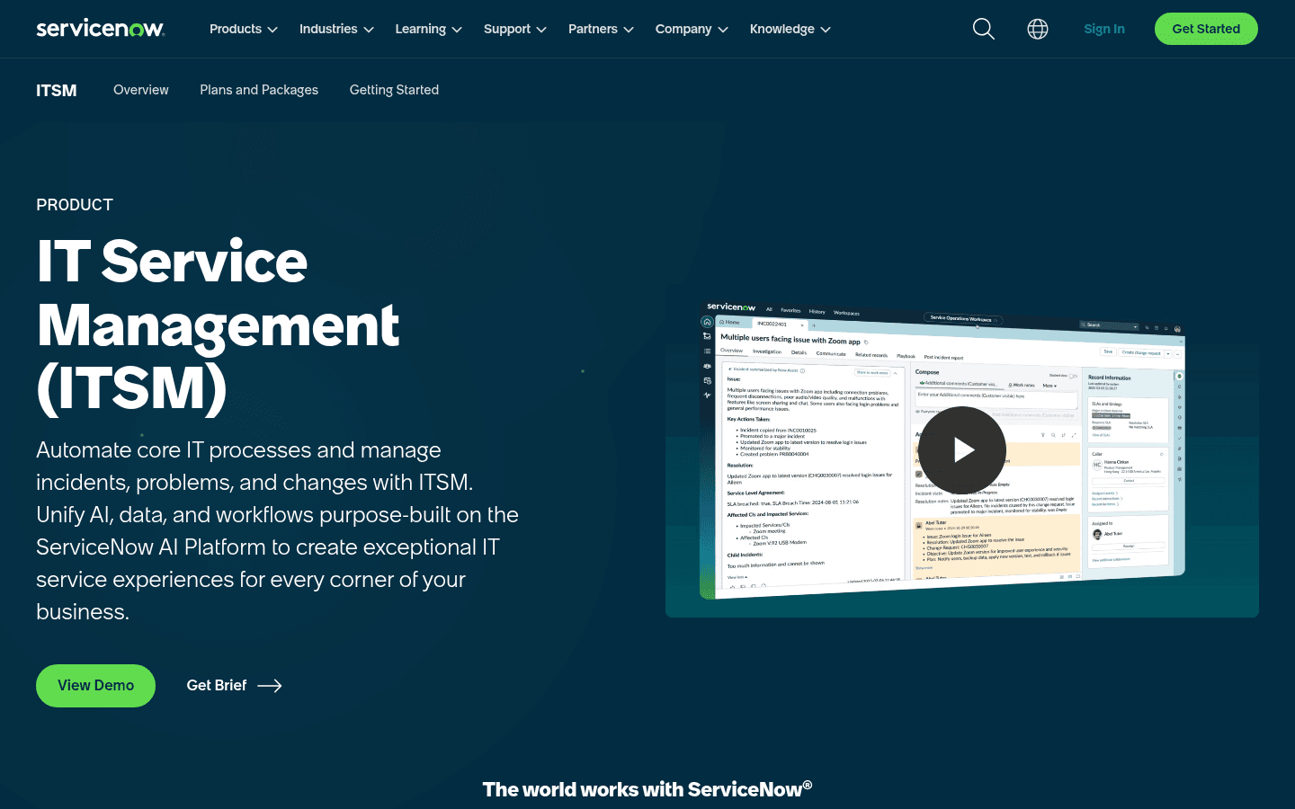 ServiceNow ITSM product page screenshot