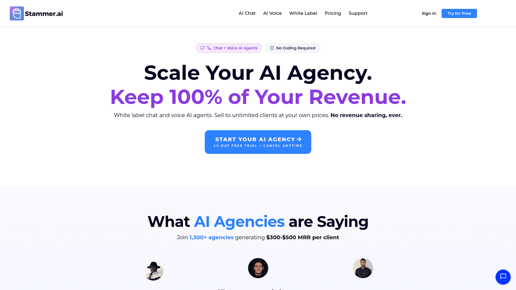 A screenshot of the Stammer.ai homepage, one of the top AI blog writer white label solutions for agencies.