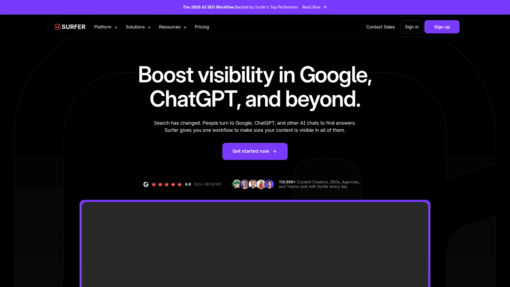 A screenshot of the Surfer AI homepage, an example of SEO automation software for content.
