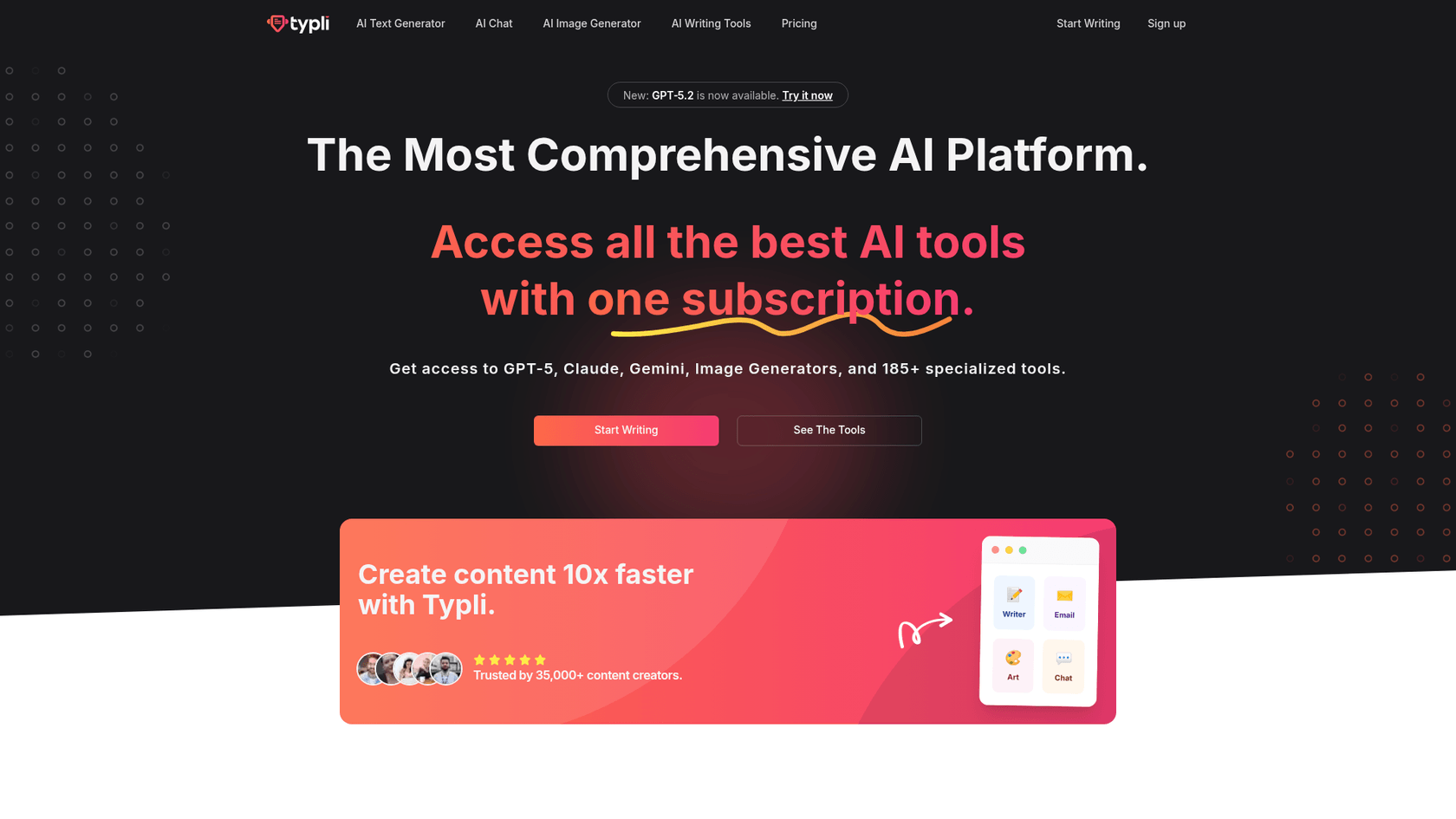 A screenshot of the Typli.ai landing page, showing the features of their AI generator text tool.