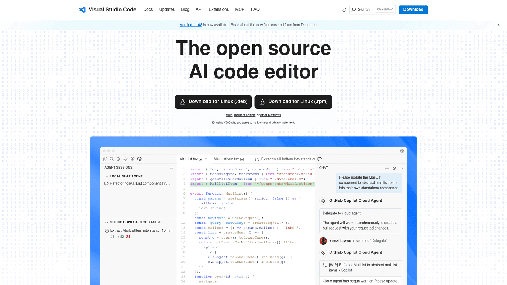 A screenshot of the Microsoft Visual Studio Code landing page, a platform for building and testing MCP apps.