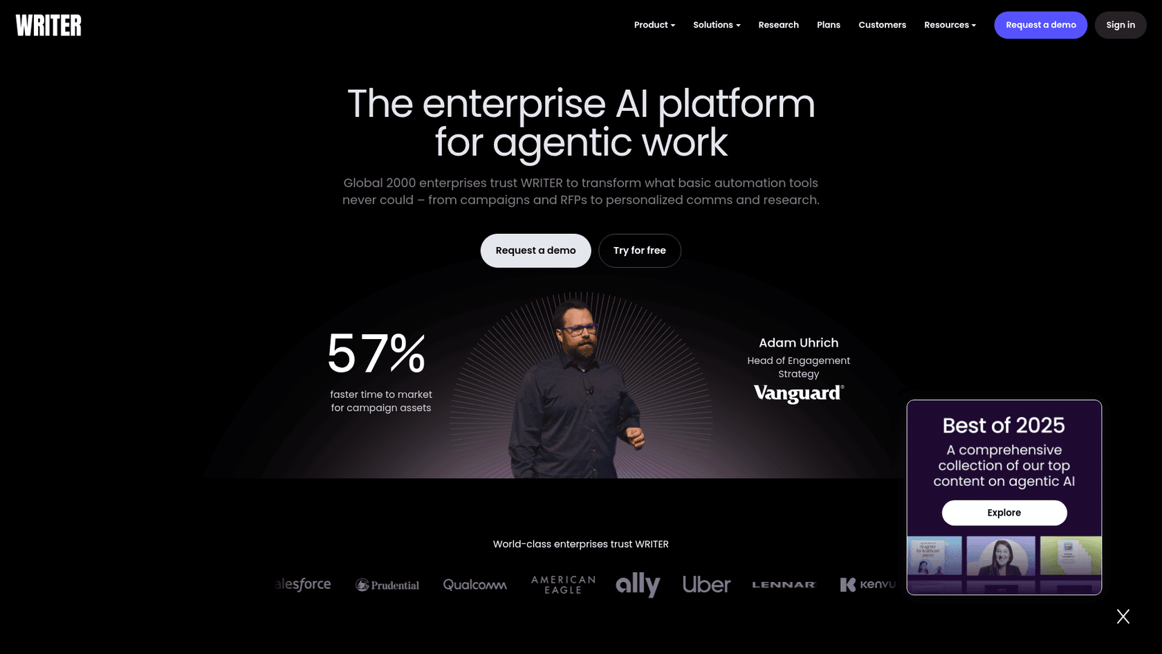 A screenshot of the Writer.com homepage, an enterprise marketing AI platform for brand consistency.
