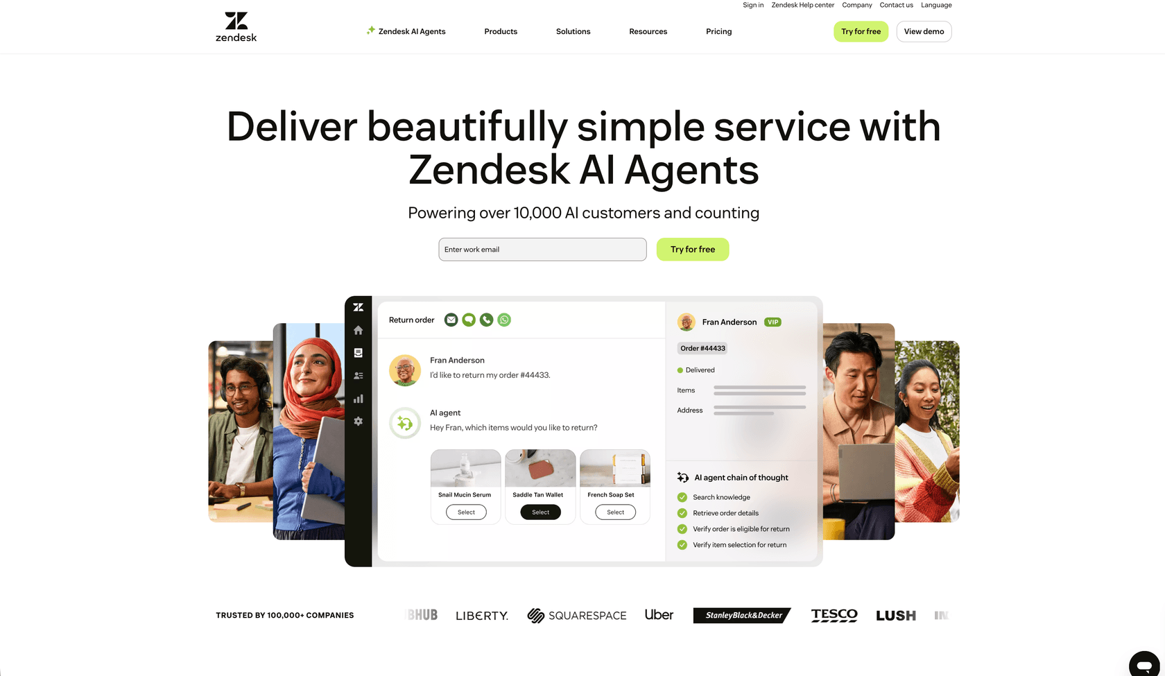 A screenshot of the Zendesk homepage, presented as one of the best Shopify chatbot apps for enterprise teams.
