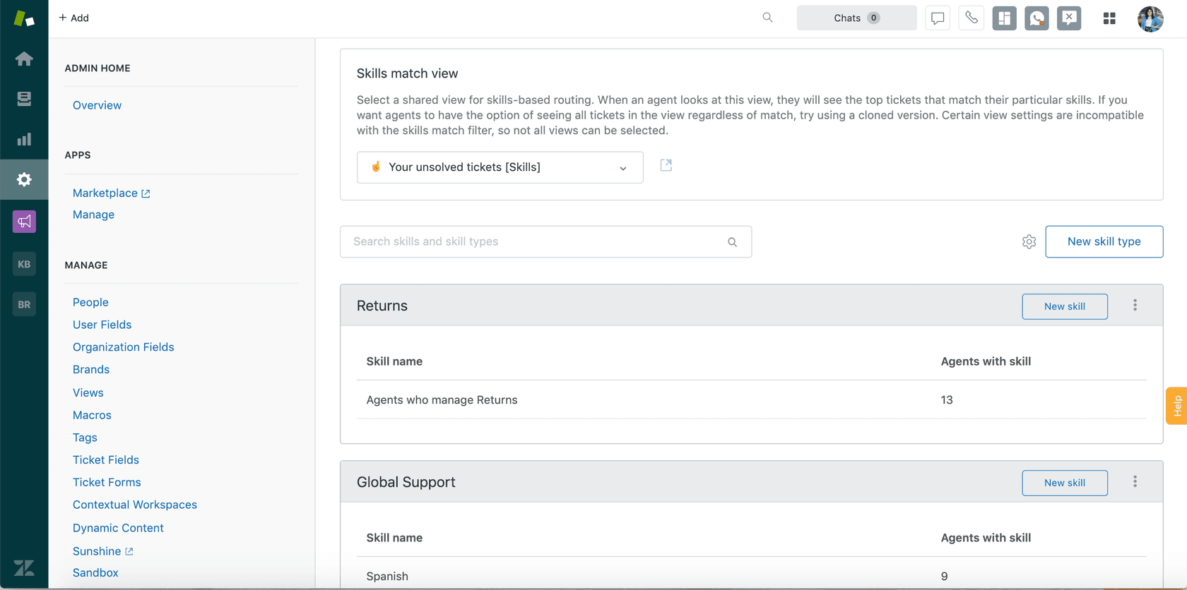 Zendesk skills-based routing configuration screen showing agent skill tags and routing rule conditions