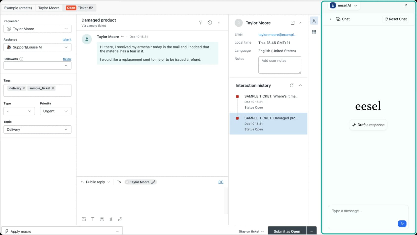 The eesel AI Copilot demonstrating features for AI customer service companies.