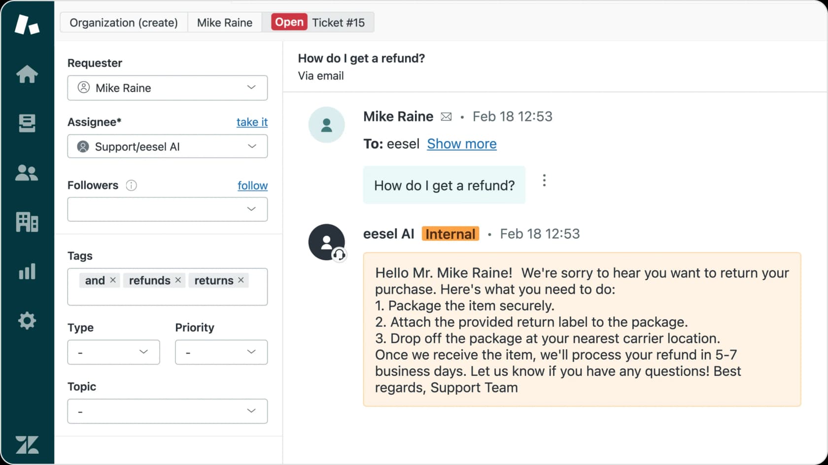 A demonstration of AI Triage, a feature of top AI customer service tools that automates ticket management.