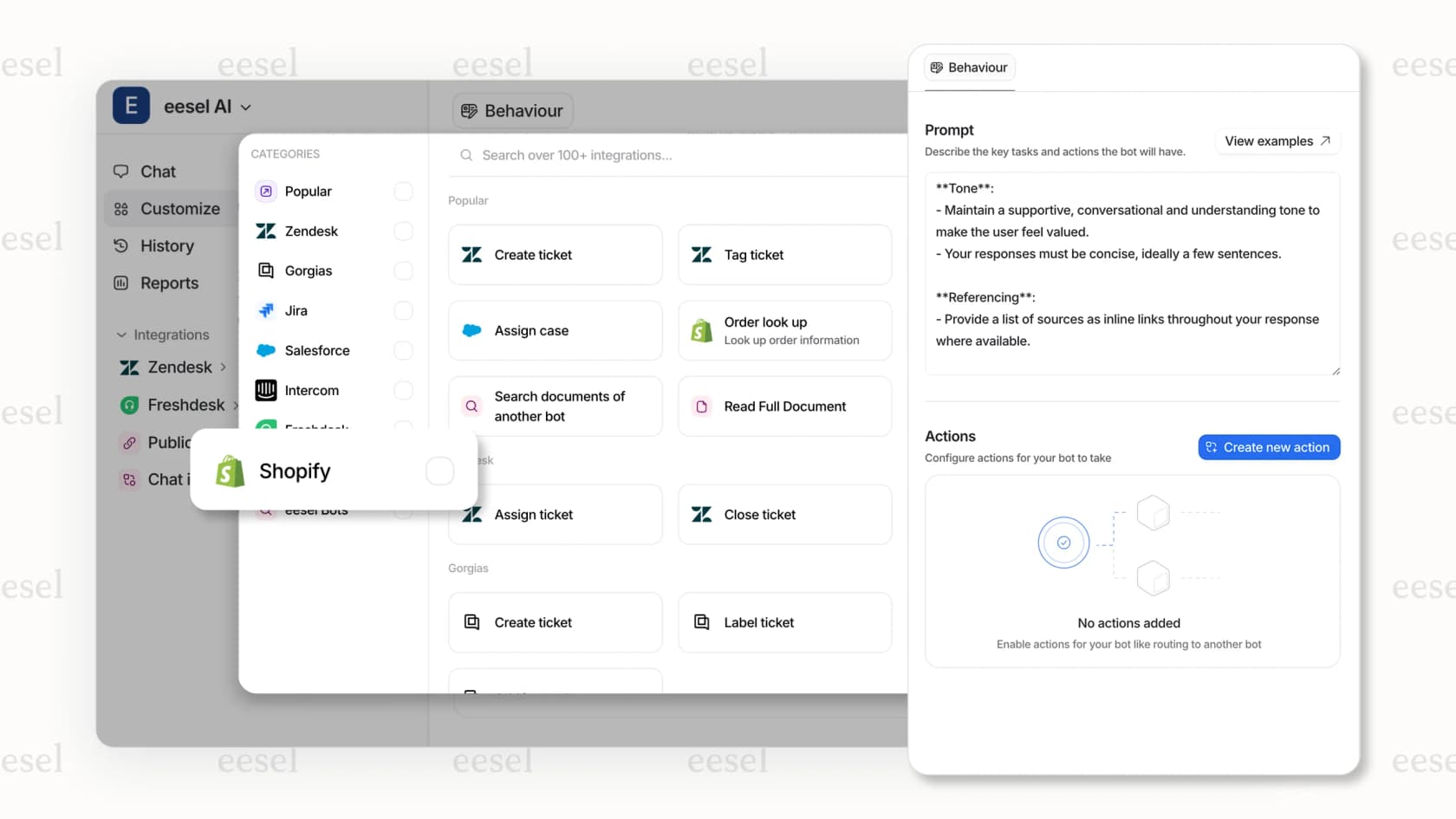 eesel AI dashboard and integrations for Shopify.