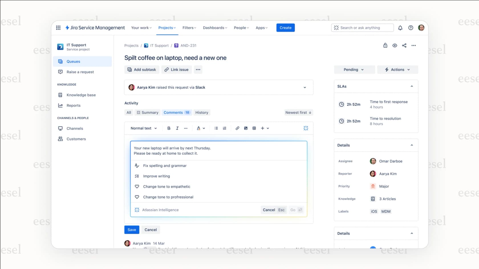 Jira Service Management comment editor with Atlassian Intelligence writing options