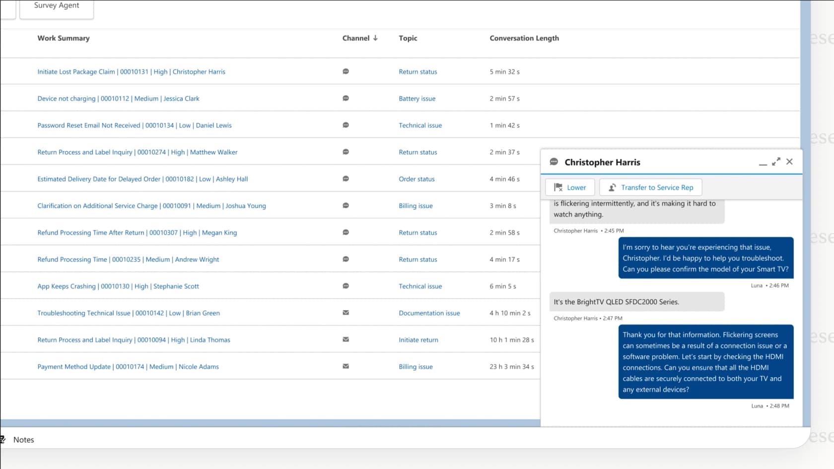 A view of the Agentforce Service Agent interface in Salesforce Service Cloud.
