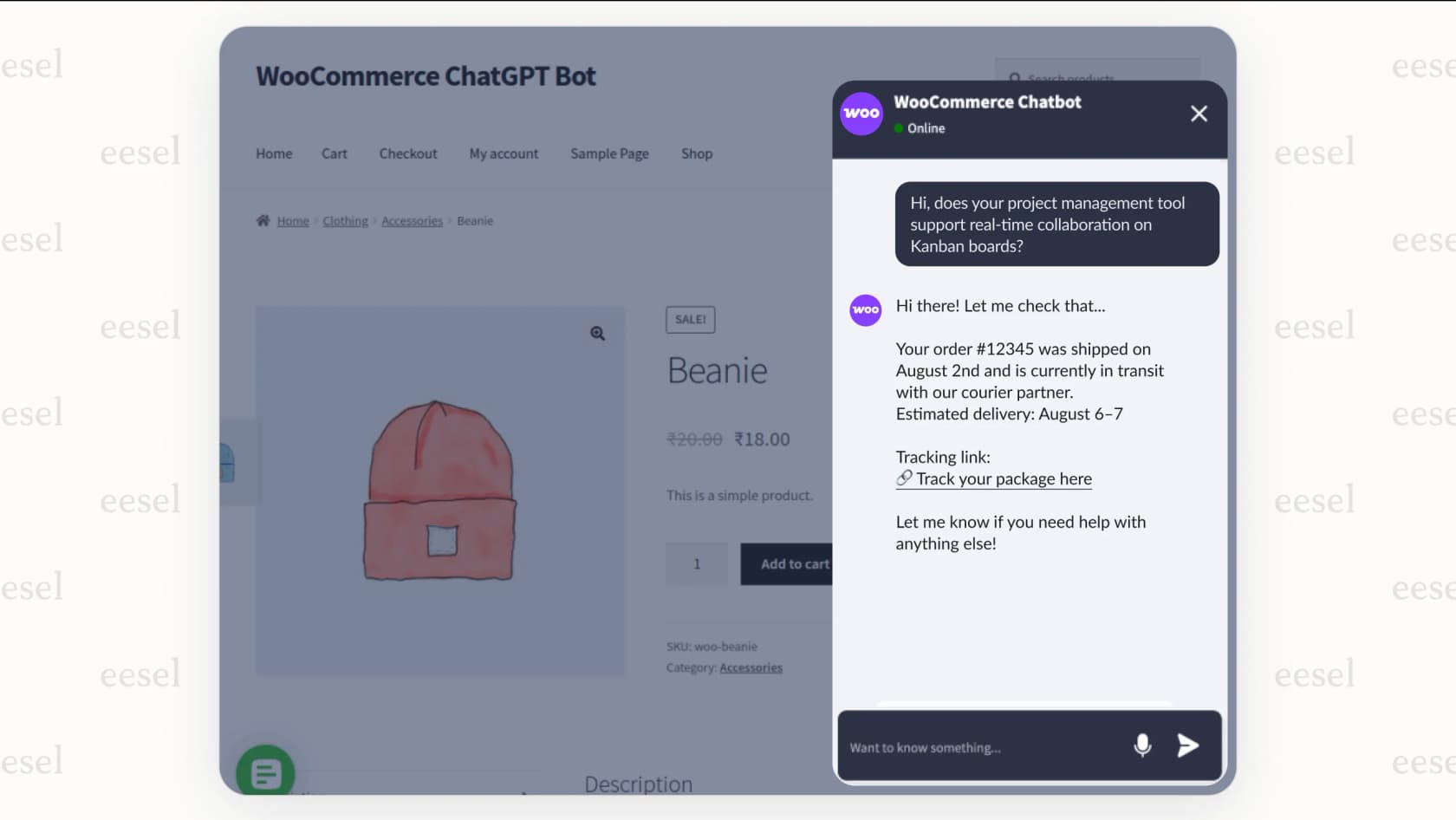 Example of a WooCommerce AI tool instantly answering a customer