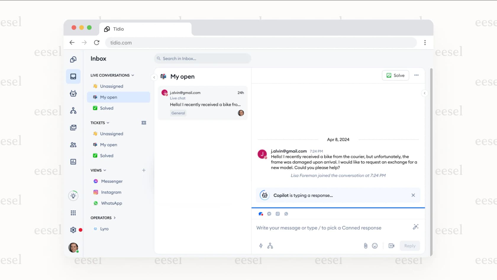 A screenshot of the Tidio agent dashboard where a customer chat is active. On the side, the Copilot panel shows a suggested reply, which the agent can click to use, demonstrating the Tidio AI chatbot