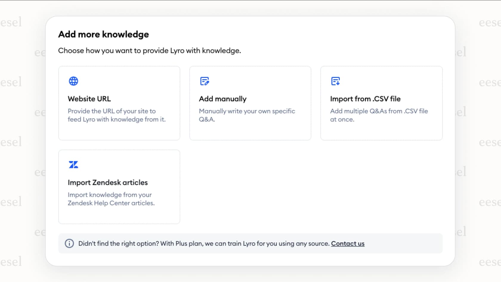 A screenshot of the Tidio dashboard showing the "Data Sources" section for Lyro. It displays options to add knowledge via URL, text, Q&A, and file import, illustrating how to train the Tidio AI chatbot.