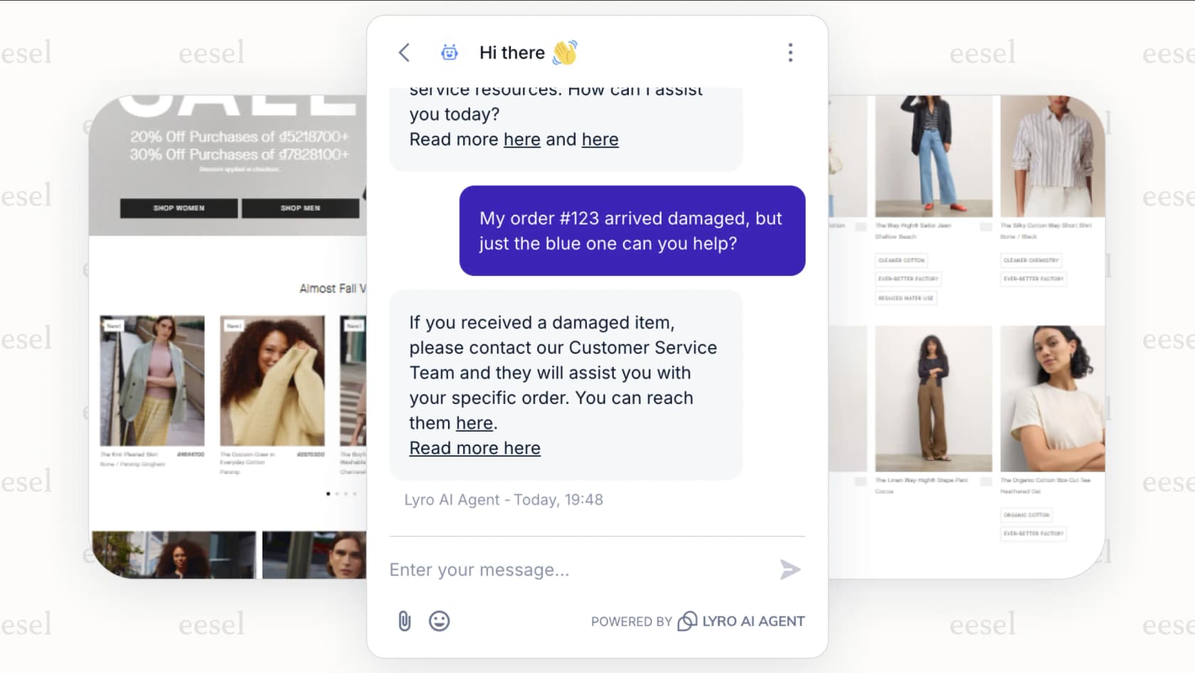 A screenshot of a chat widget where a user asks a complex question like "my order #123 arrived damaged, but just the blue one can you help?" and the Tidio AI chatbot responds with a generic message like "I