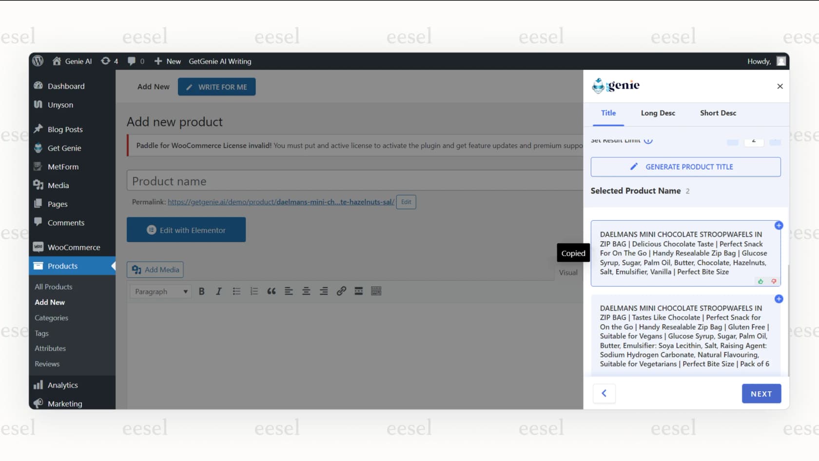 A close-up screenshot of the GetGenie WooCommerce AI plugin