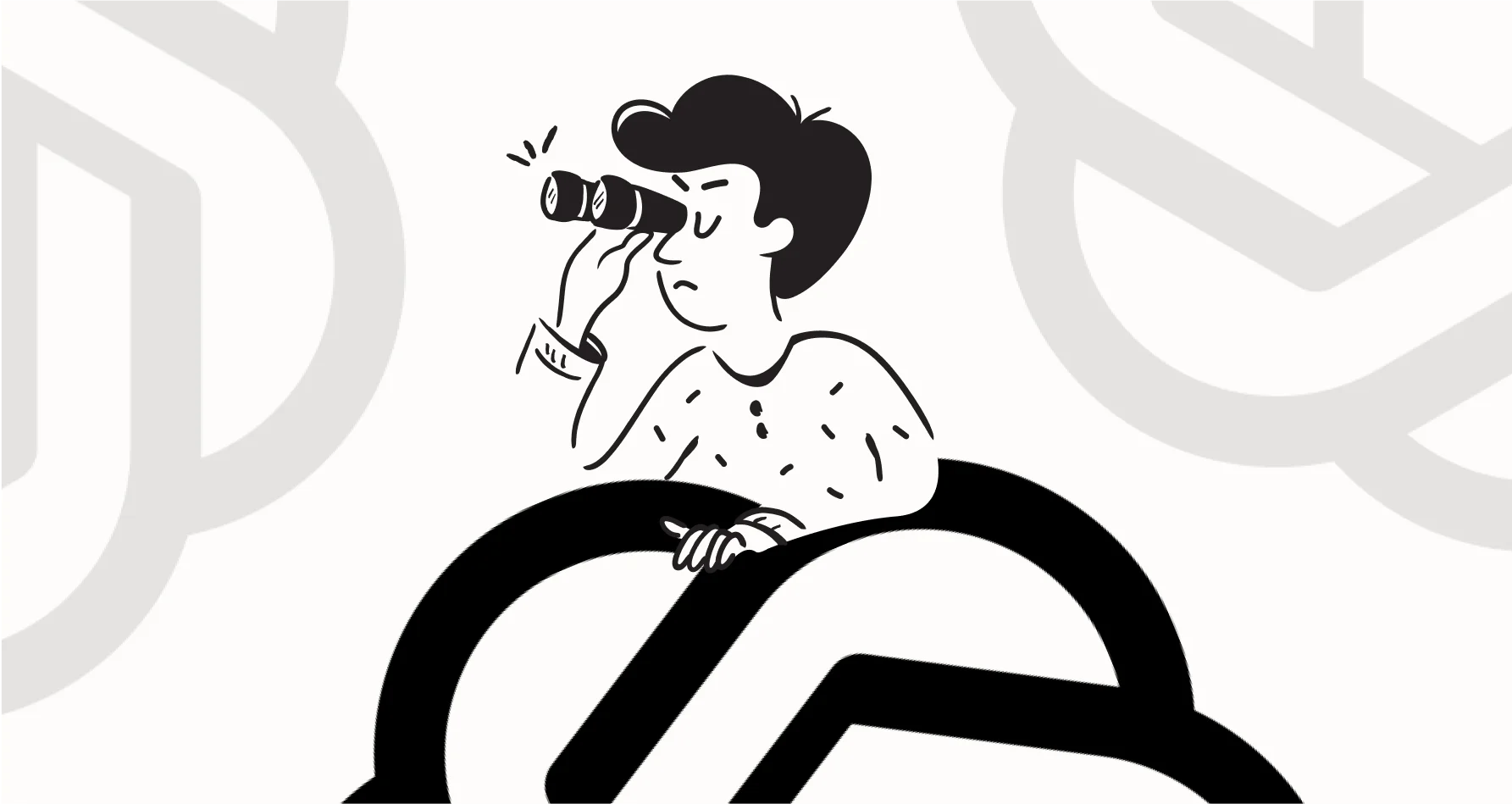 Illustrated person looking through binoculars behind a large black-and-white looped shape