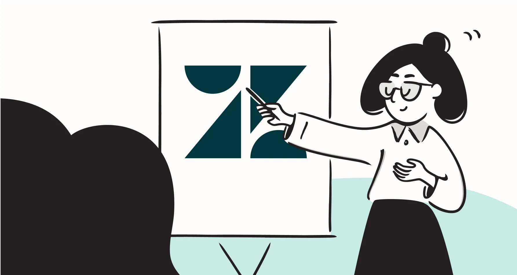 Illustration of a presenter pointing to the Zendesk logo