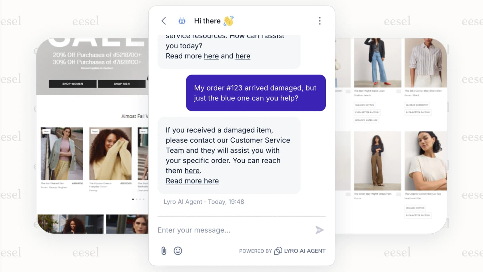 A screenshot of the Tidio chatbot widget with a friendly greeting on a sample e-commerce website.