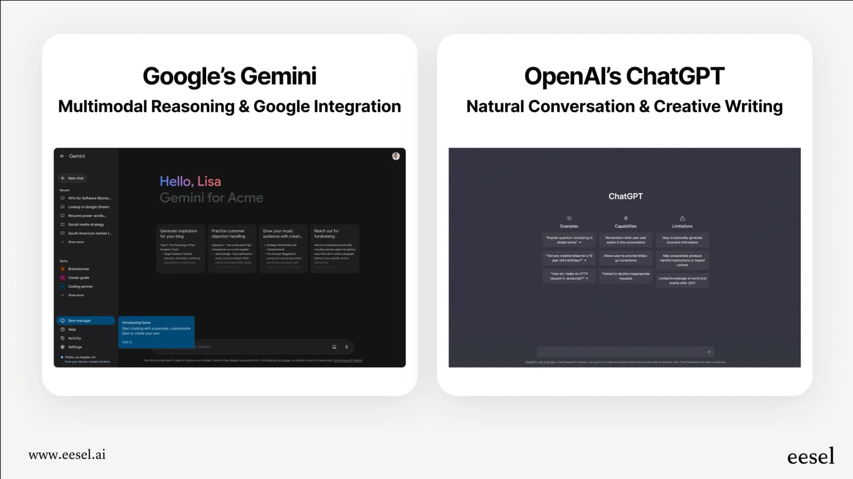 An infographic providing a high-level overview of the Gemini vs ChatGPT debate, comparing their developers and core strengths.
