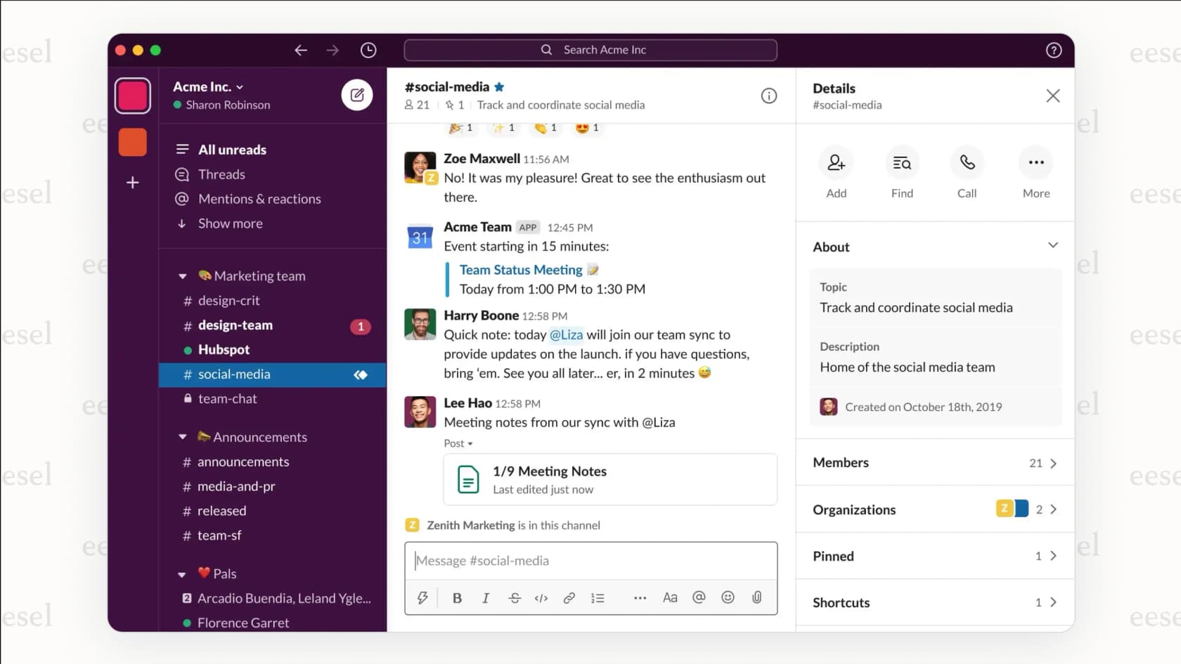A complete Slack review must show the user interface, including the channel list on the left, a main conversation window, and a thread branching off a message.