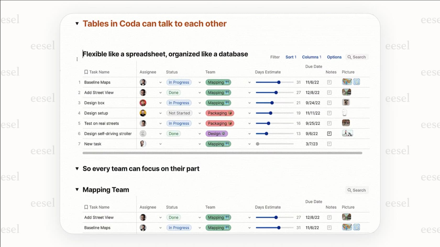 Screenshot of a Coda doc, a leading Notion alternative, demonstrating its advanced formula capabilities and app integrations ("Packs").