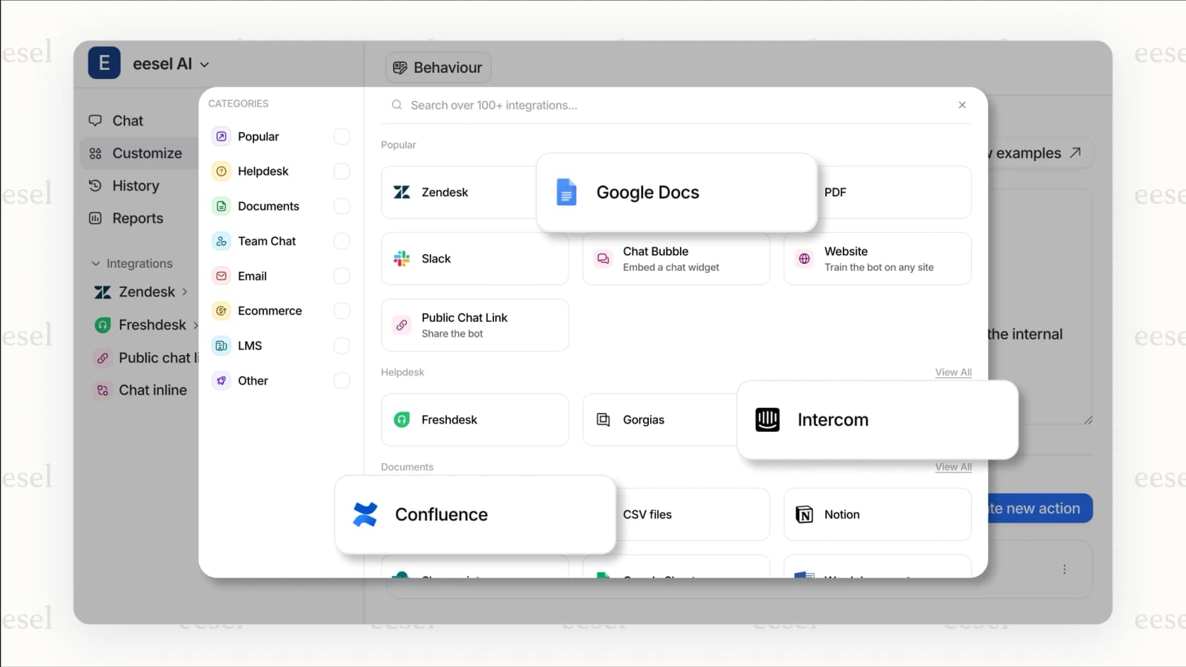 eesel AI integrations page showing one-click connectors