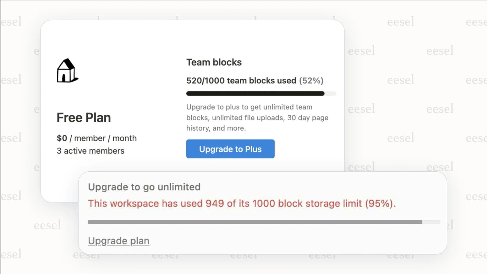 The "limited block trial" warning message in Notion