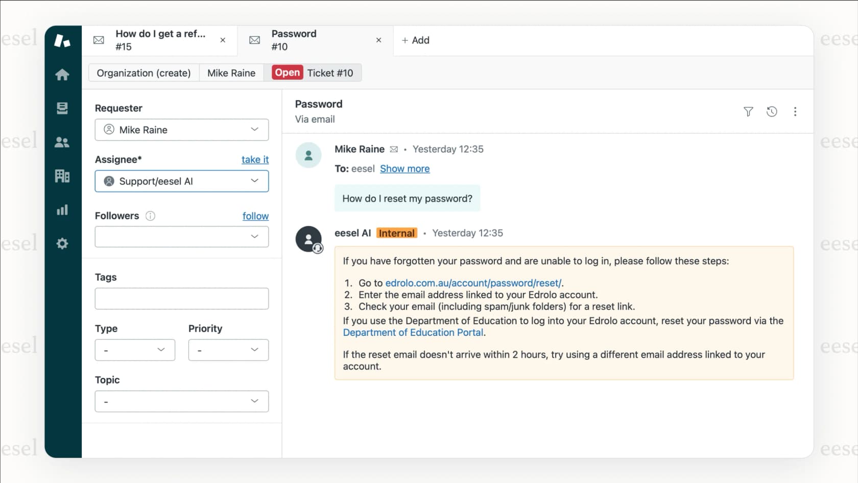 Screenshot of eesel AI answering a ticket in Zendesk.