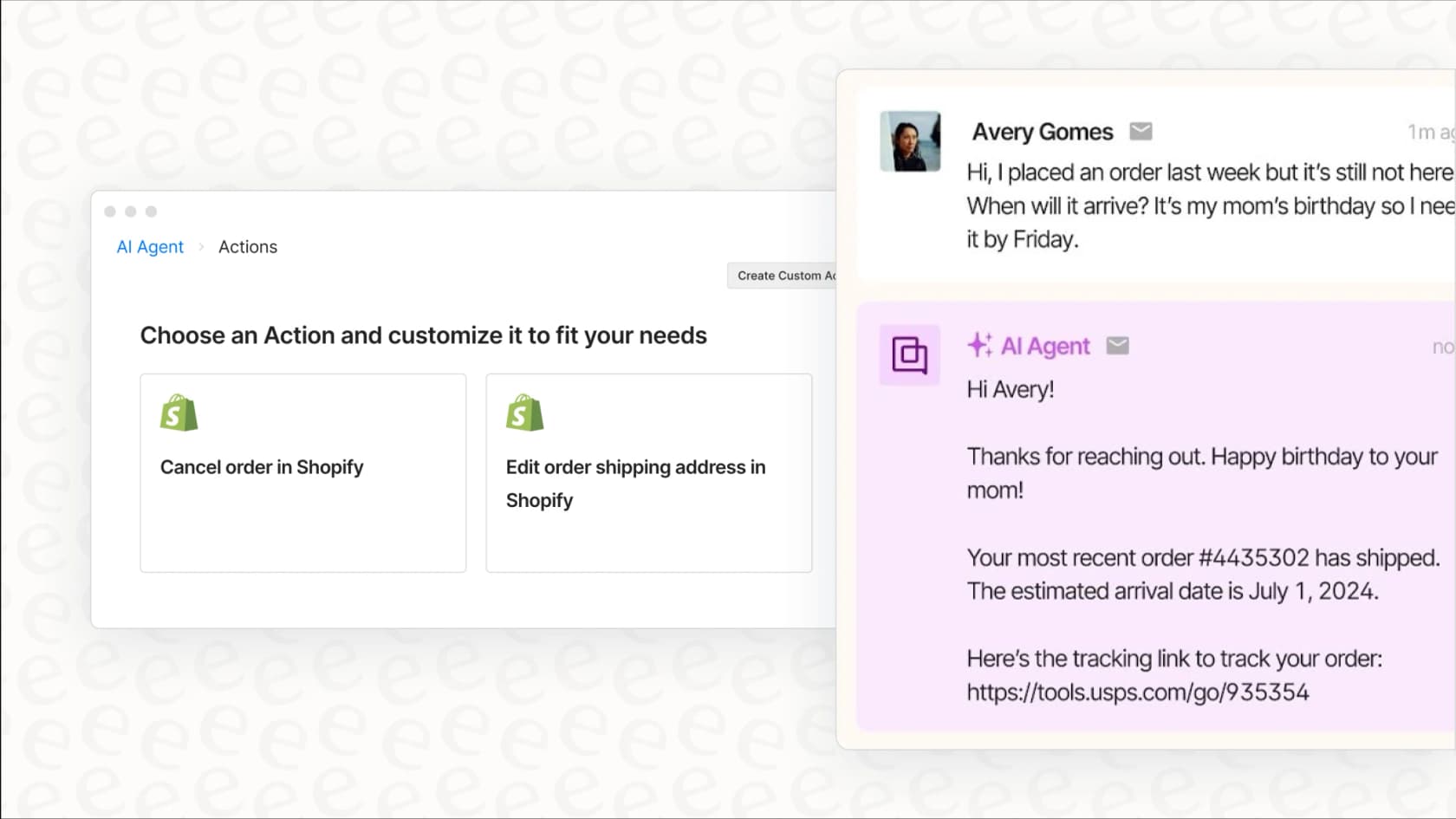 An example of the Gorgias AI support agent automating a response to a