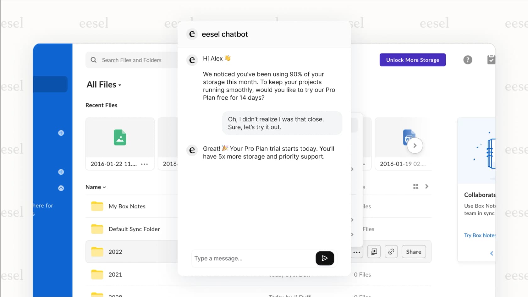 A screenshot of a proactive chat message in an application suggesting a plan upgrade to a user nearing their current plan