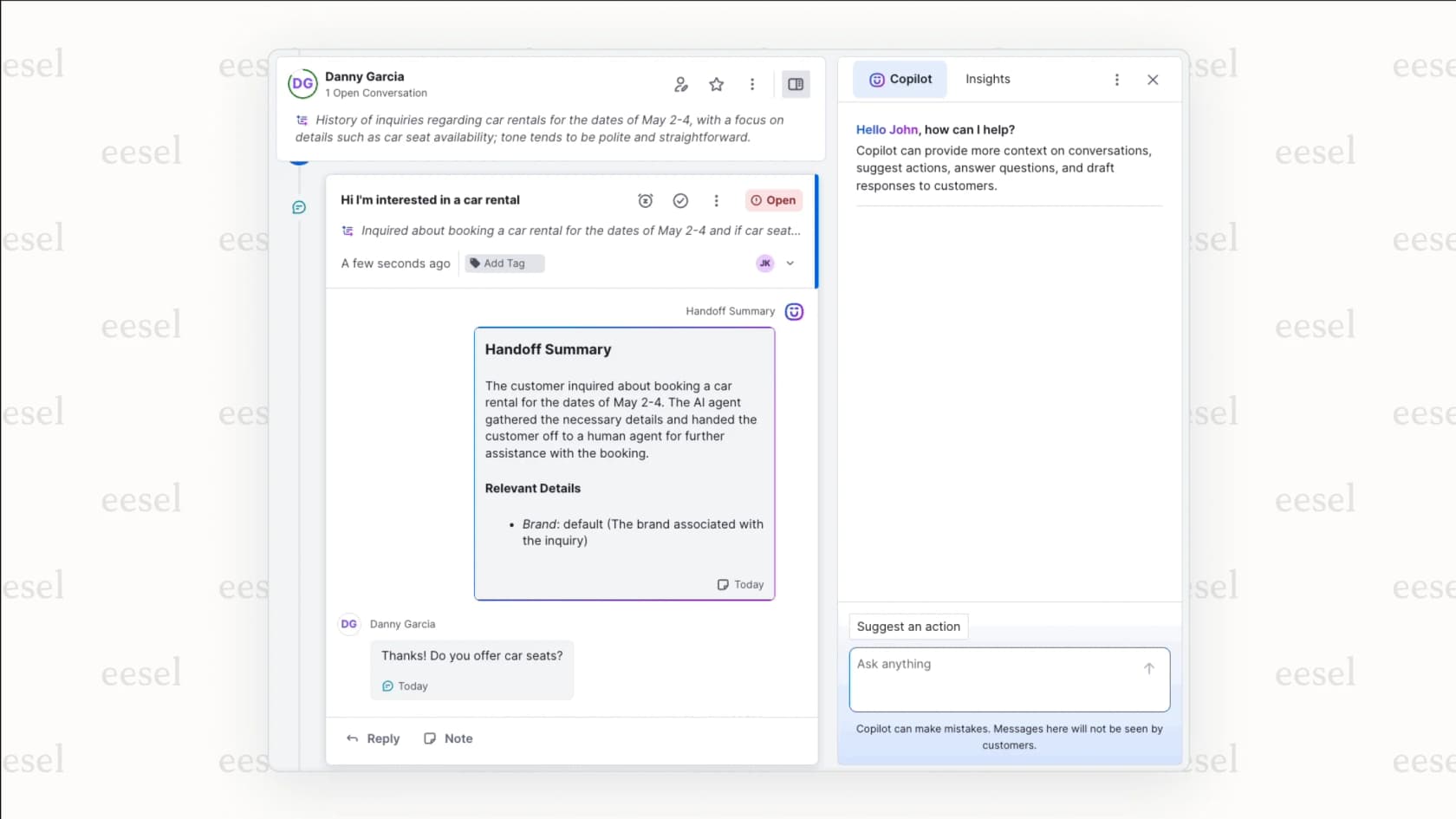 A screenshot demonstrating the AI Agents for Reps feature, an expensive add-on to the base Kustomer pricing plans.