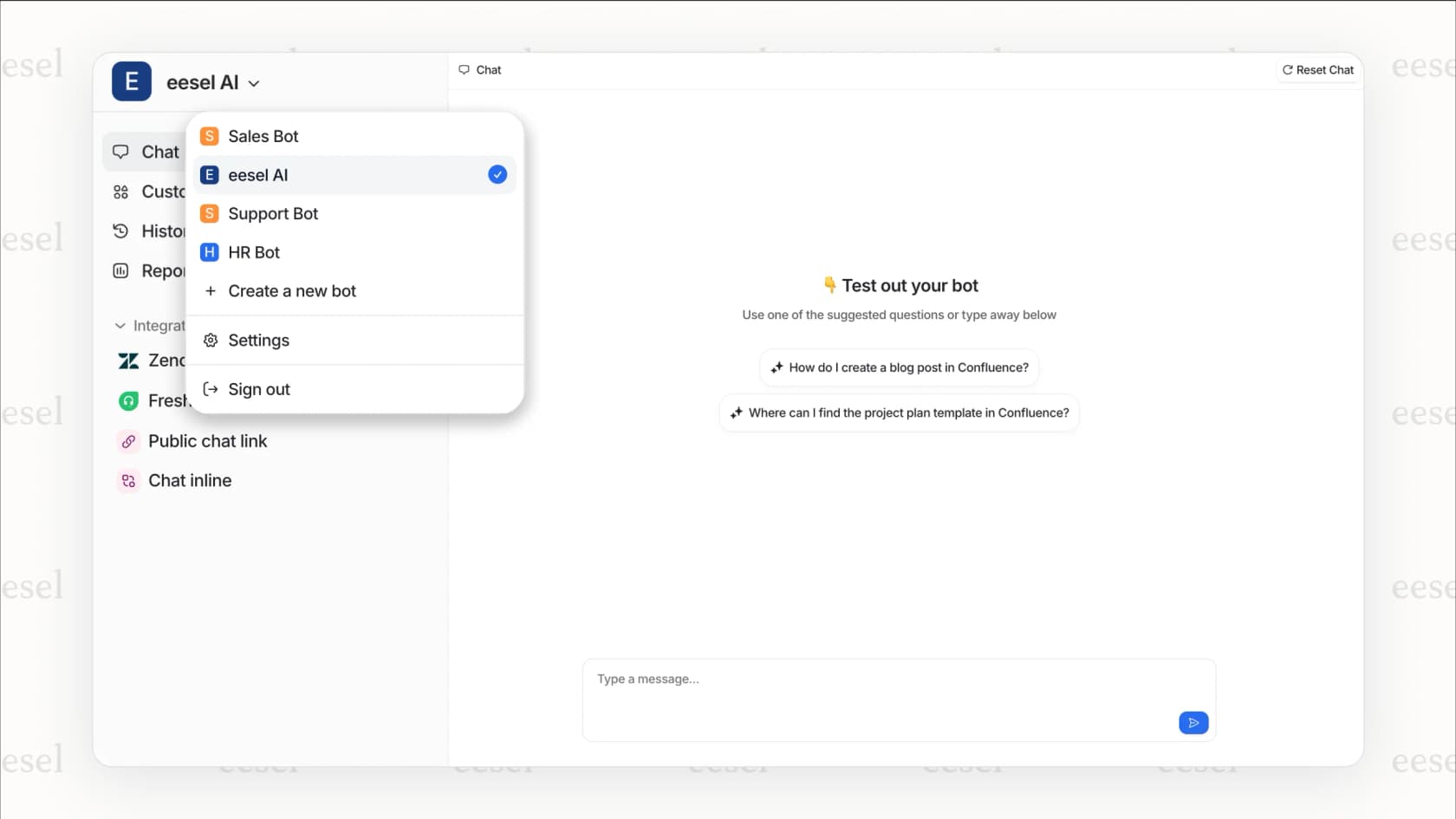 The eesel AI dashboard chat panel, where you can test a bot with suggested questions before it talks to customers