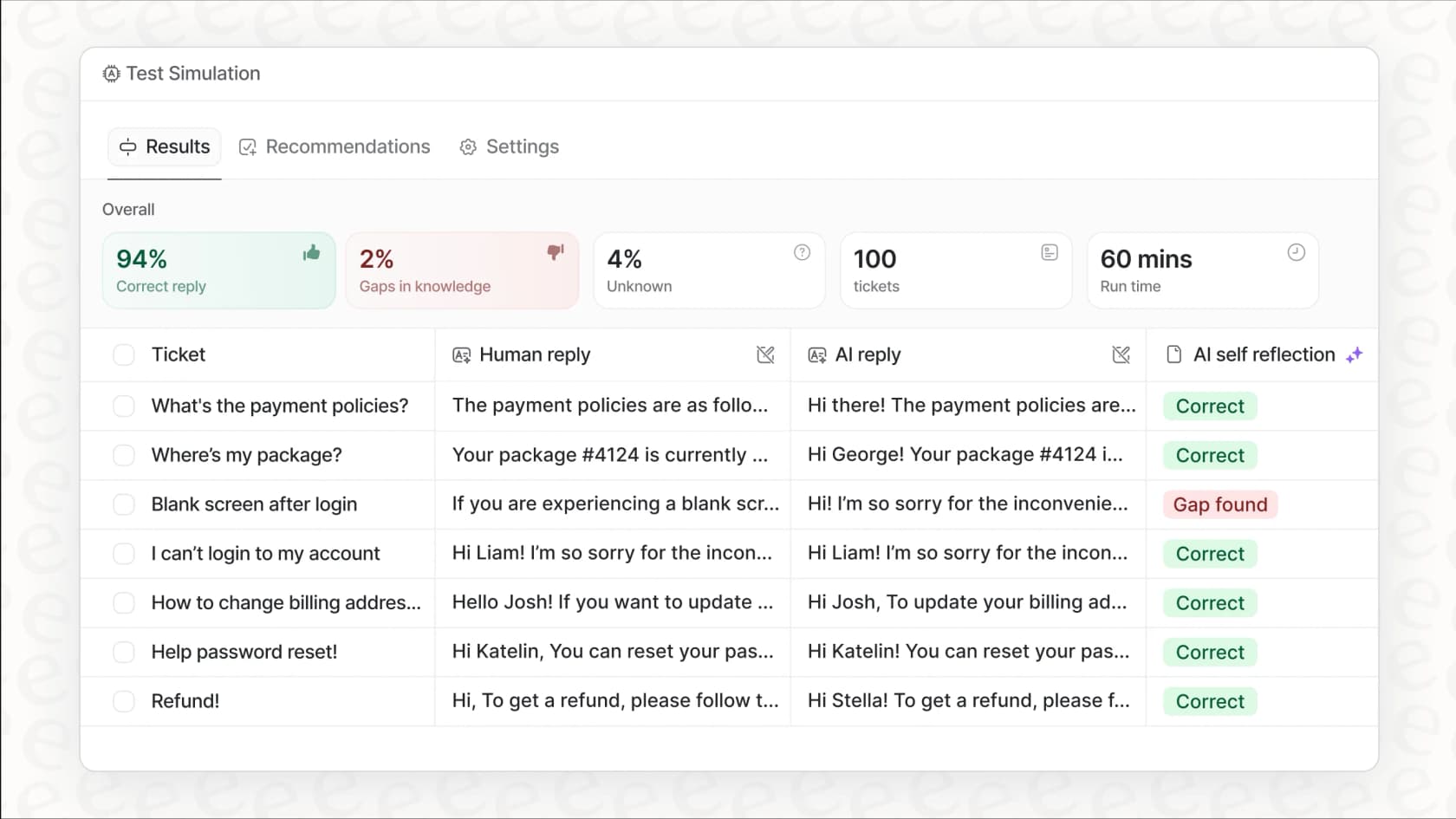 A screenshot of the eesel AI simulation mode, which allows you to test its performance against your own past tickets before it goes live for customers.