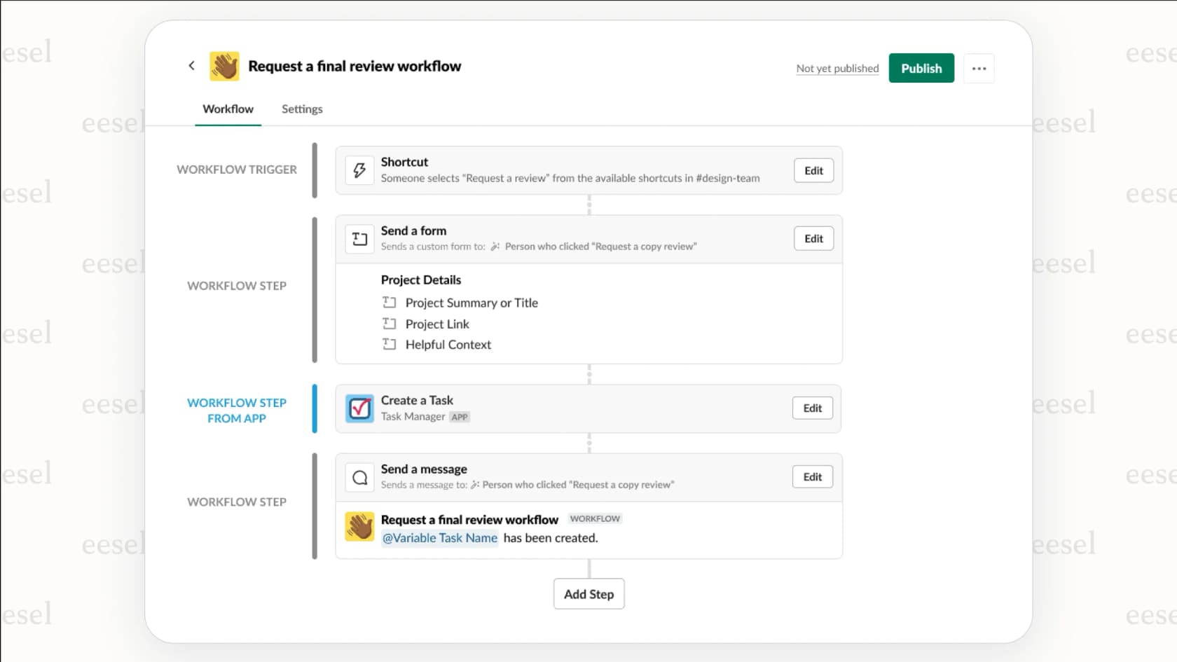 A screenshot of the Slack Workflow Builder for our Slack review, demonstrating how to set up a simple automated welcome message for new channel members.