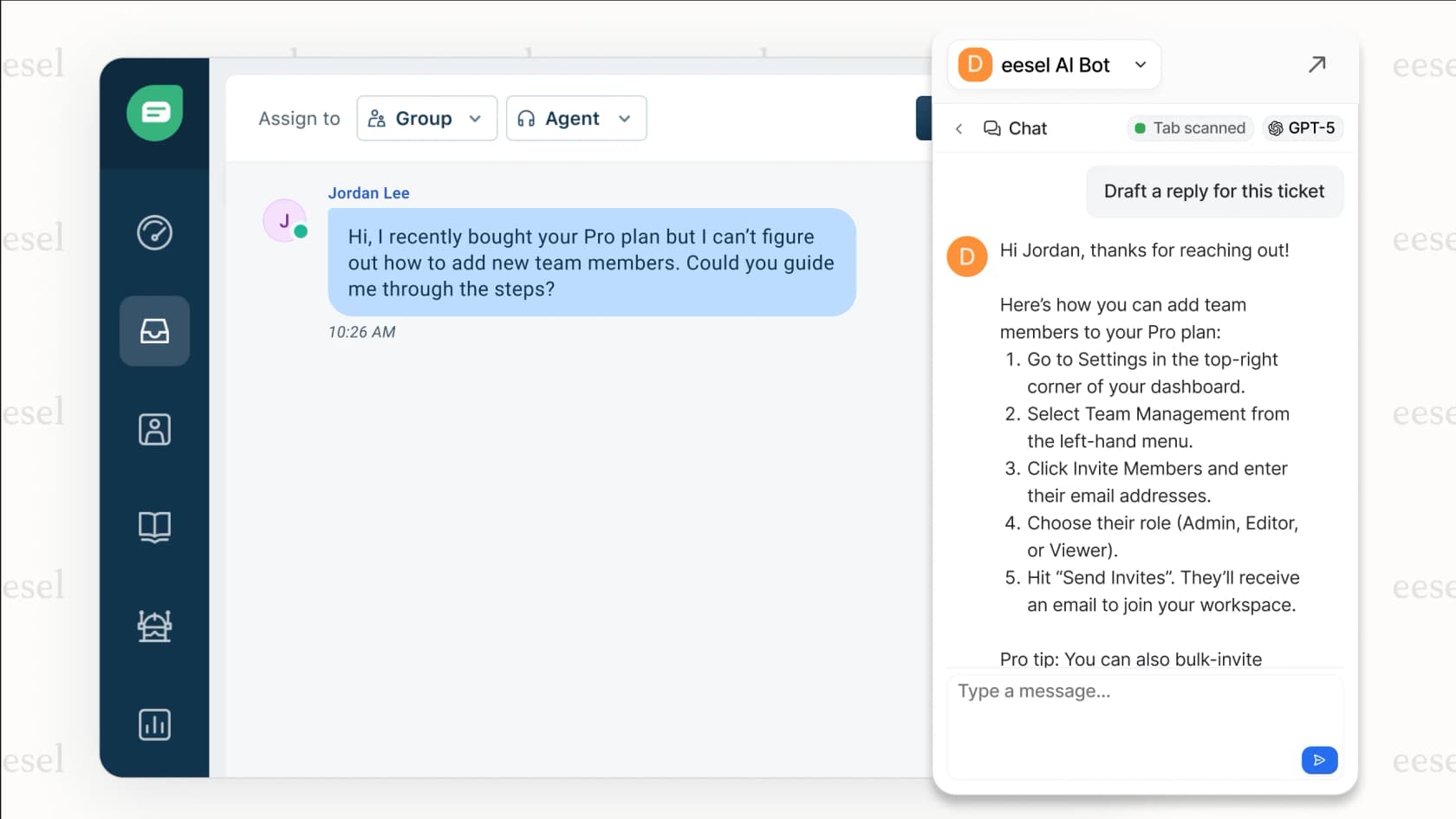 The eesel AI Copilot, one of the top AI customer service tools for agent assistance.