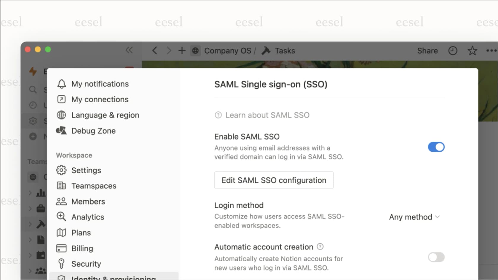 The admin panel of a Notion Enterprise plan, showing the security and audit log features that are part of the enterprise-level Notion pricing.