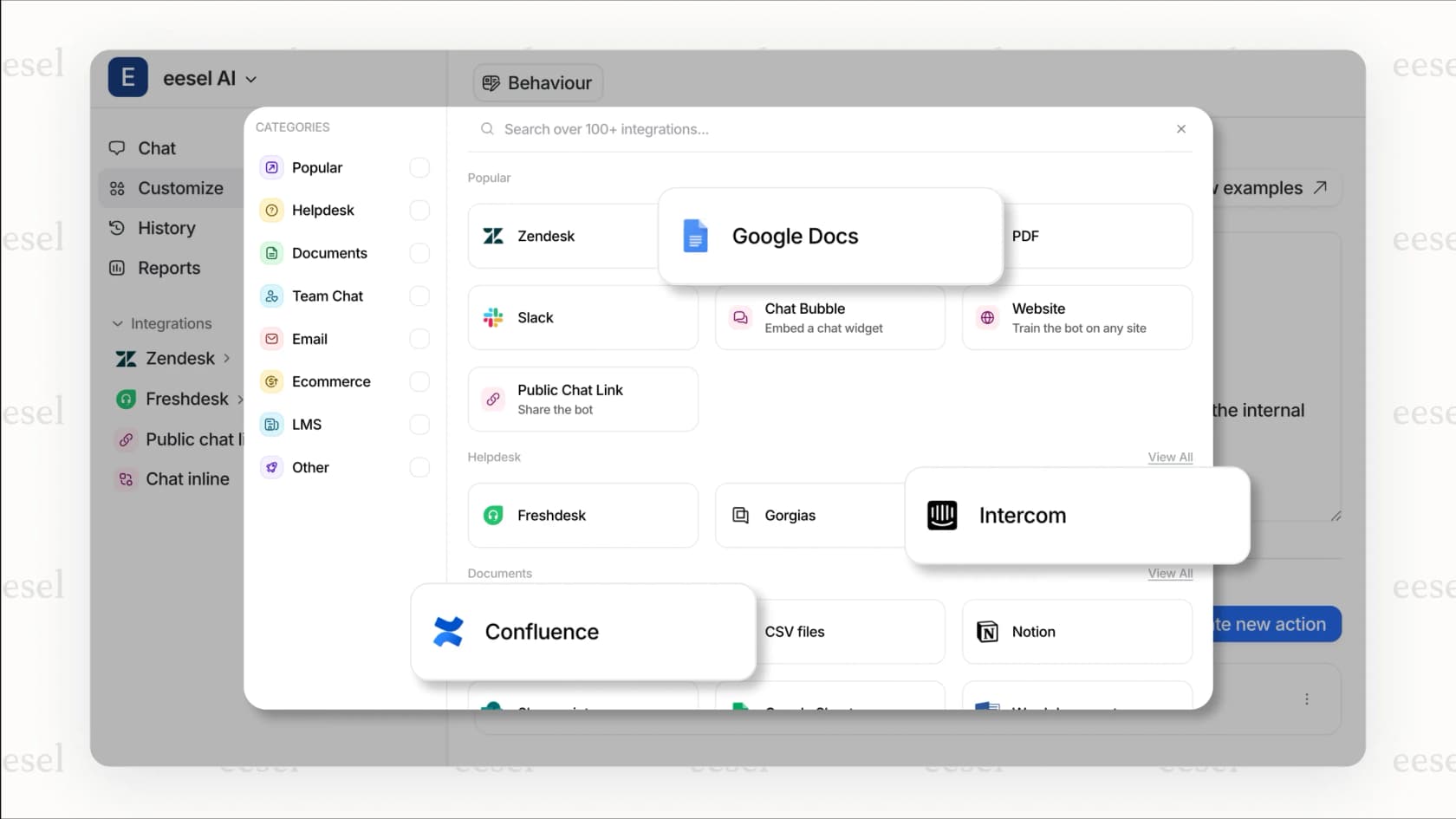 A screenshot of the eesel AI integrations library, showing logos of tools like Confluence, Notion, Google Docs, and Zendesk to improve the AI resolution rate.