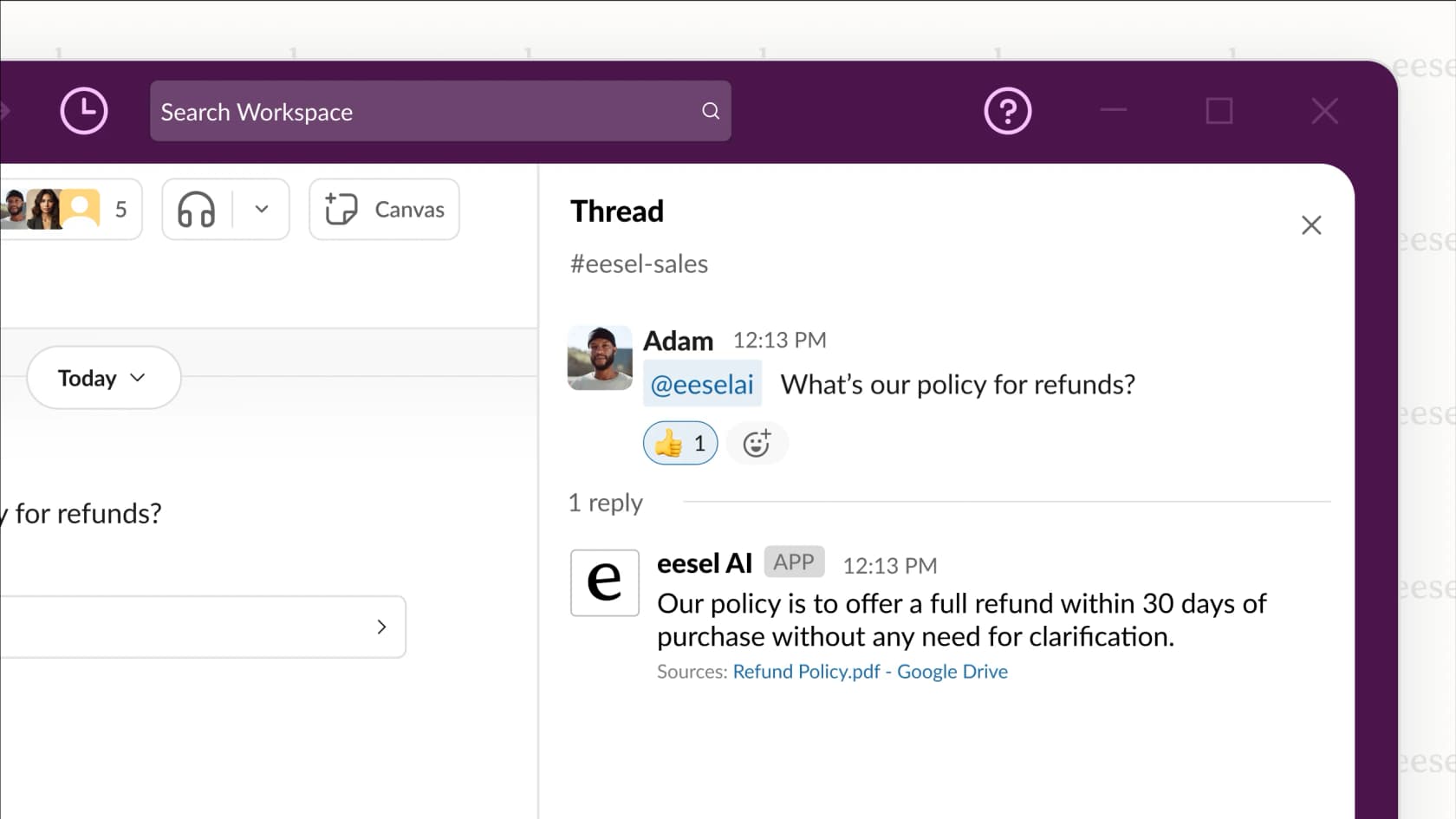 Screenshot of eesel AI service desk answering an employee