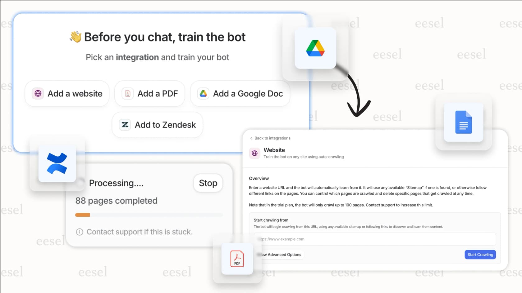 A screenshot of the eesel AI platform showing how it connects to private business data sources like Confluence and Zendesk, a critical differentiator in the Gemini vs ChatGPT debate for customer support.