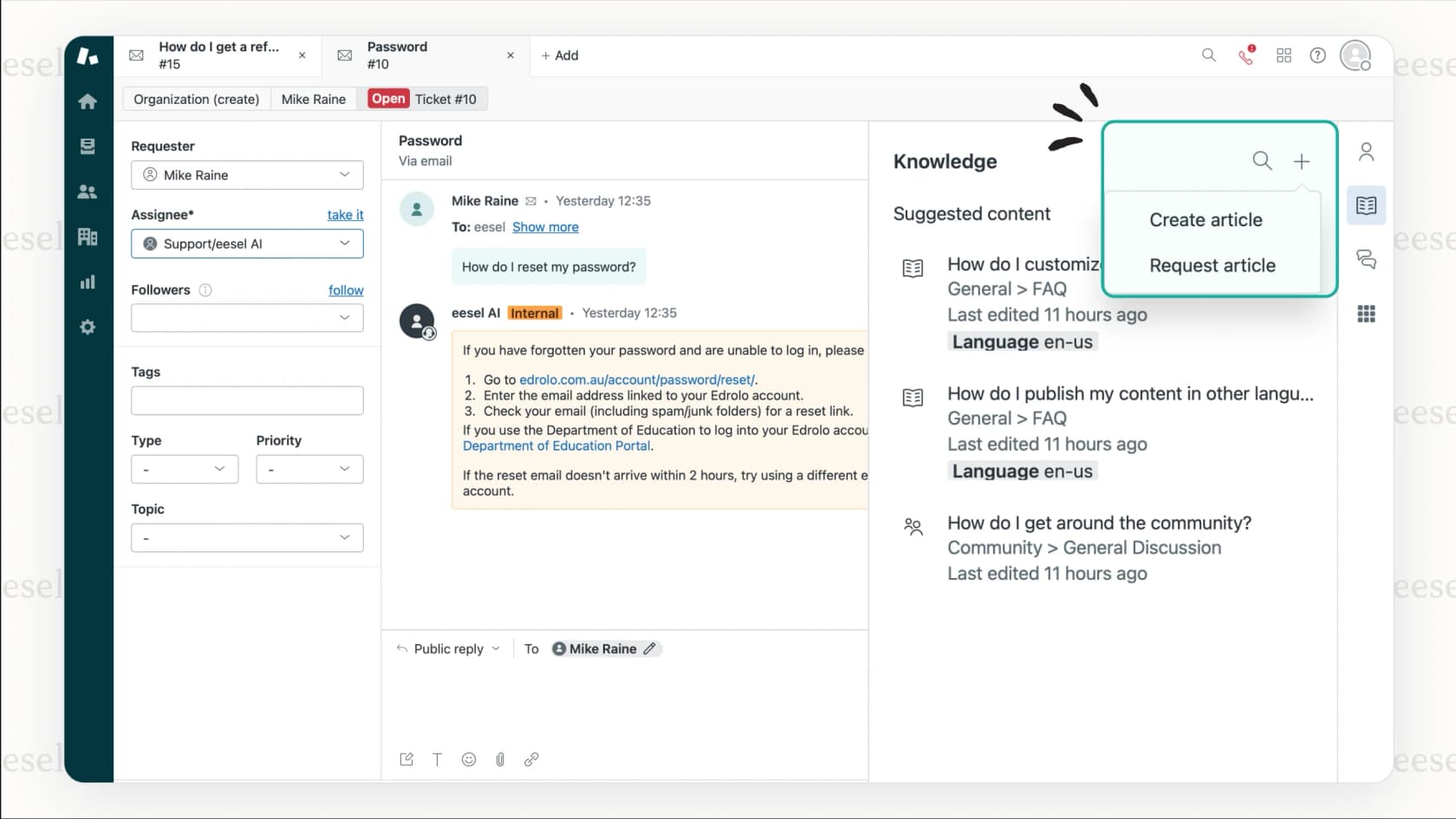 A screenshot showing an AI interface using a resolved support ticket to automatically generate a new help center article, a core part of proactive customer engagement.