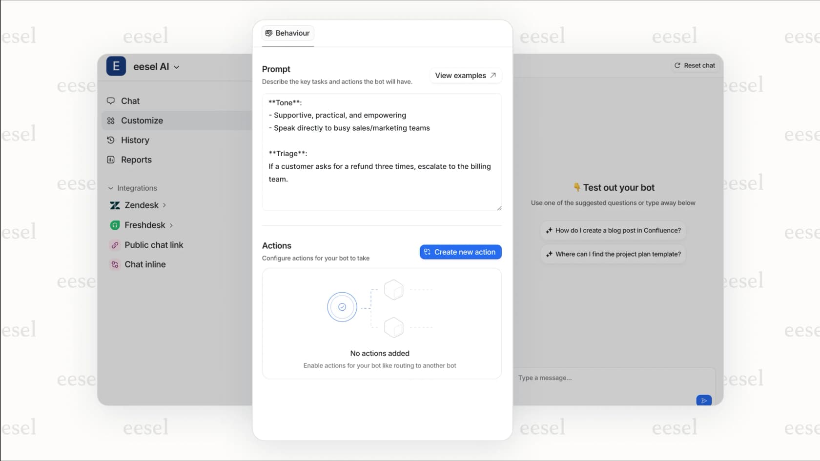 A screenshot of the eesel AI interface showing a user setting a custom escalation rule for the AI, which helps control behavior and improve the AI resolution rate.