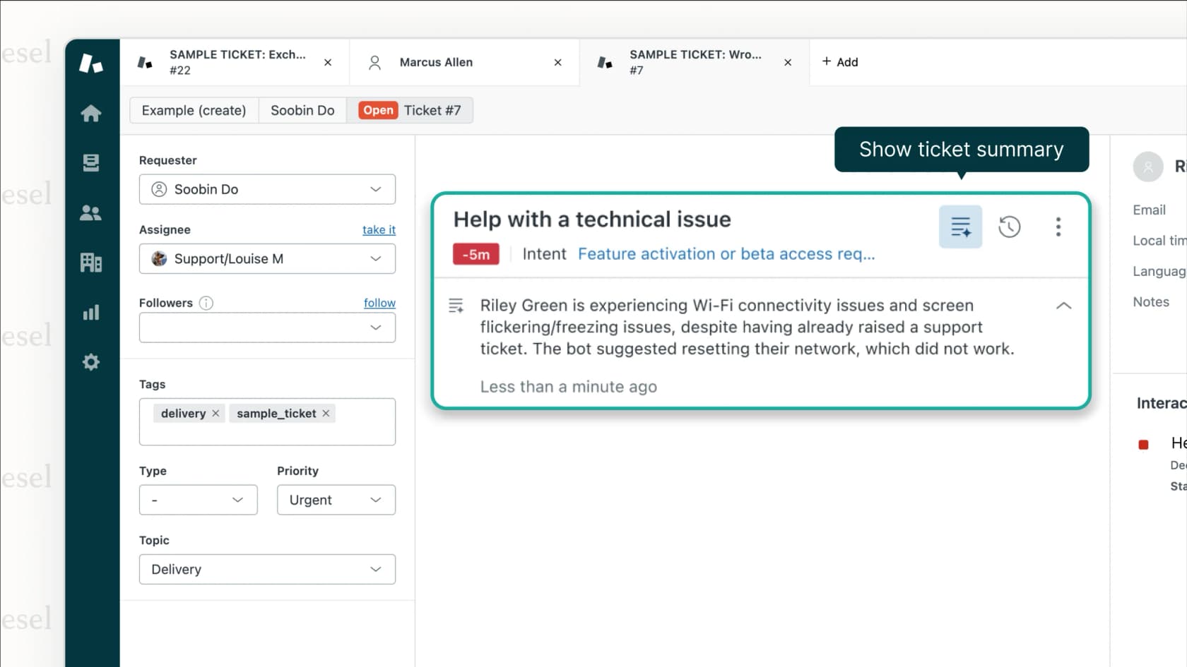 An IT agent using the Zendesk AI service desk interface, with the generative AI feature providing a concise summary of an employee