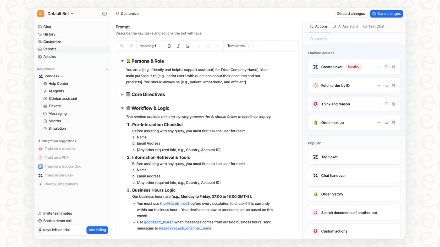 This image shows the eesel AI interface, where users can set up custom rules and guardrails alongside actions like order lookups and ticket creation.